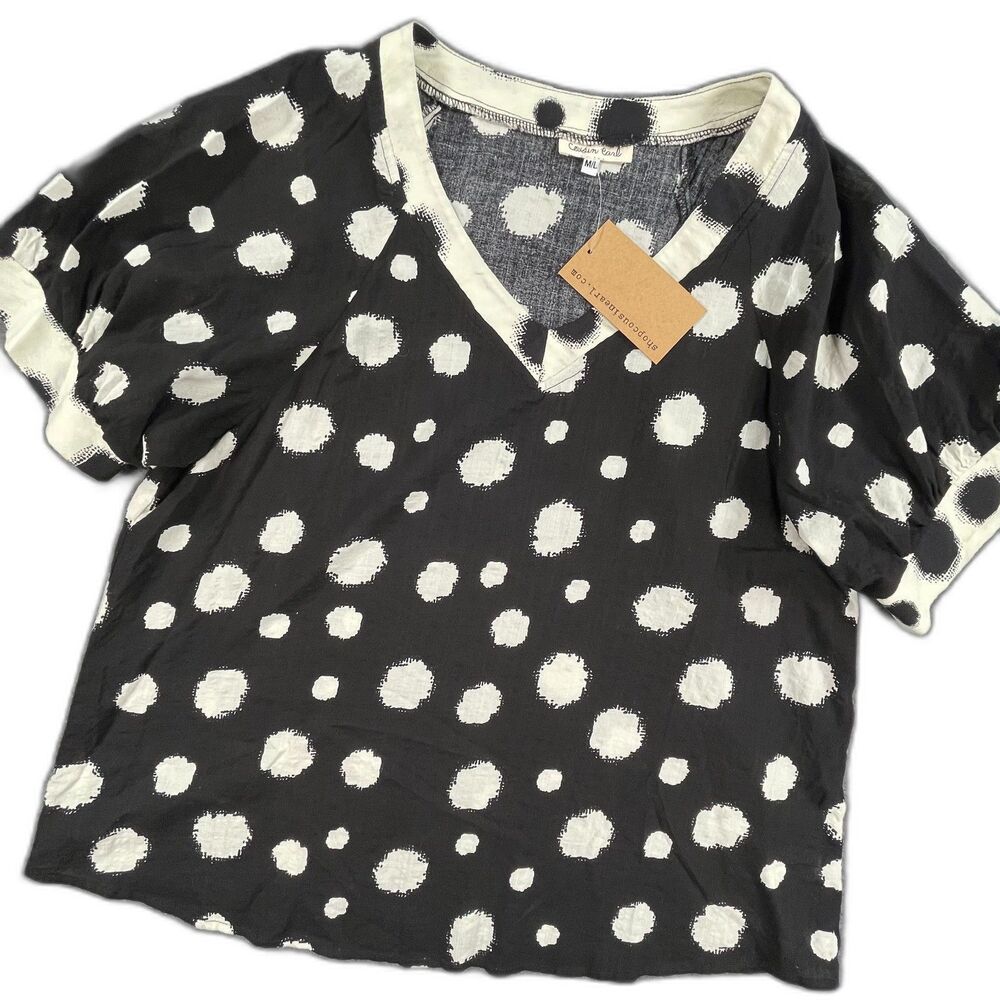 NWT Cousin Earl Polka Dot Contrast Blouse M/L Artsy Black Minimalist Boho Top
